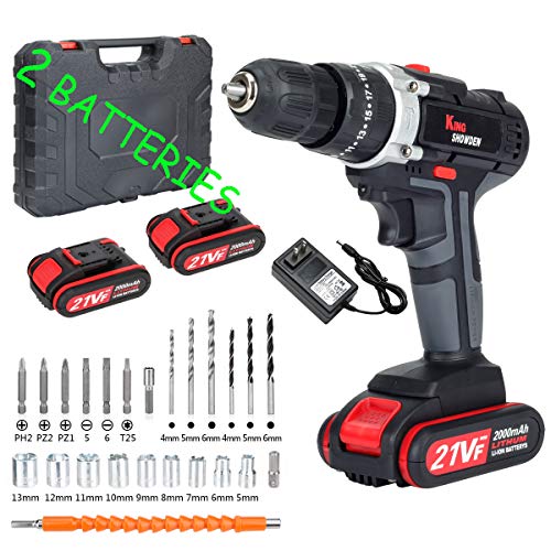 Cordless Drill Driver Kit with 2 battery, King Showden 21V Power Drill 50Nm 25+3 Clutch, 3/8