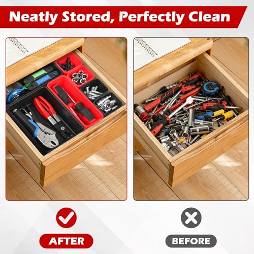 Image of TOOLEAGUE 46Pcs & 5 Sizes Tool Box Organizer with 15Lb Magnetic Pickup Pen | Drawer Organizer Tray Set, Garage Organization and Storage Workshop Rolling Tool Chest WorkBench Small Part(Black, Red)