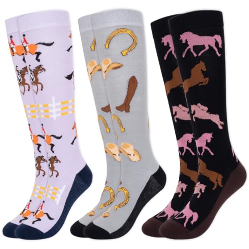 YYSWSAKY Calzini da equitazione, 3 paia di calzini da equitazione a quadri da donna e bambina, calze alte al ginocchio per amanti dei cavalli, calze da equitazione da donna, taglie 39-42