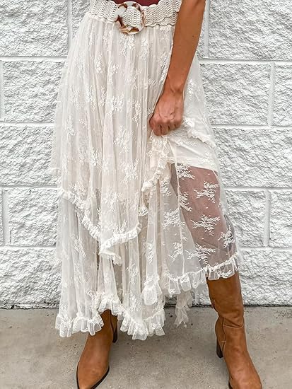 Floral Lace Cascading Tiered High Waist Maxi Skirt Asymmetrical Summer Sheer Maxi Skirts for Women2