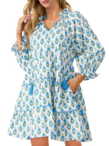 Wenrine Womens Casual Mini Dress Long Sleeve Floral Ruffle V Neck Fall Loose Boho Babydoll Dresses with Pockets