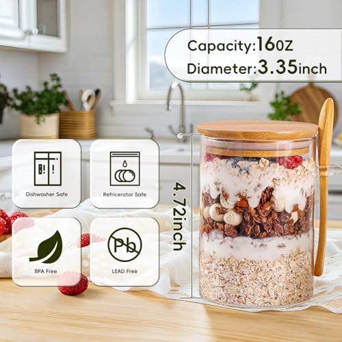 Image of MHDCLY Overnight Oats Containers with Lids,16oz Overnight Oats Jars 4 Pack, Oatmeal Cups,Meal Prep Containers,Glass Meal Prep Containers with Lids,China Pudding Jars