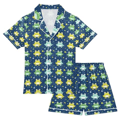 senya Green Frog Yellow Satin Summer Pajama Sets Silk Short Sleeve Button Down Sleepwear
