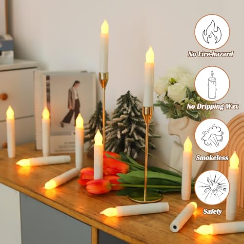 Image of Lezonic Flameless Battery Operated Candlesticks Flickering, 12Pcs White LED Battery Christmas Window Candles, 6 Inch Short Taper Candles Hanging Floating by Touch, with Remote