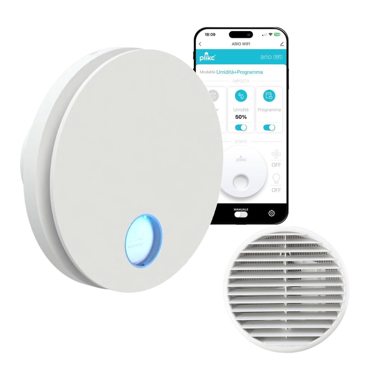 plikc - Aspiratore WIFI da parete ad aspirazione assiale serie Ario W con sensore di Umidità e Timer - 100% MADE IN ITALY + Griglia da muro (Foro Ø 118, Bianco)