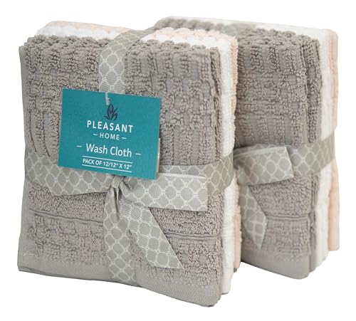 Image of PH Pleasant Home Diamond Wash Cloths Set - 12 Pack (12 inch x 12 inch) - 509 GSM - 100% Ring Spun Cotton Wash Cloth - Super Soft and Highly Absorbent Face Towels (Light Grey, White & Pink)