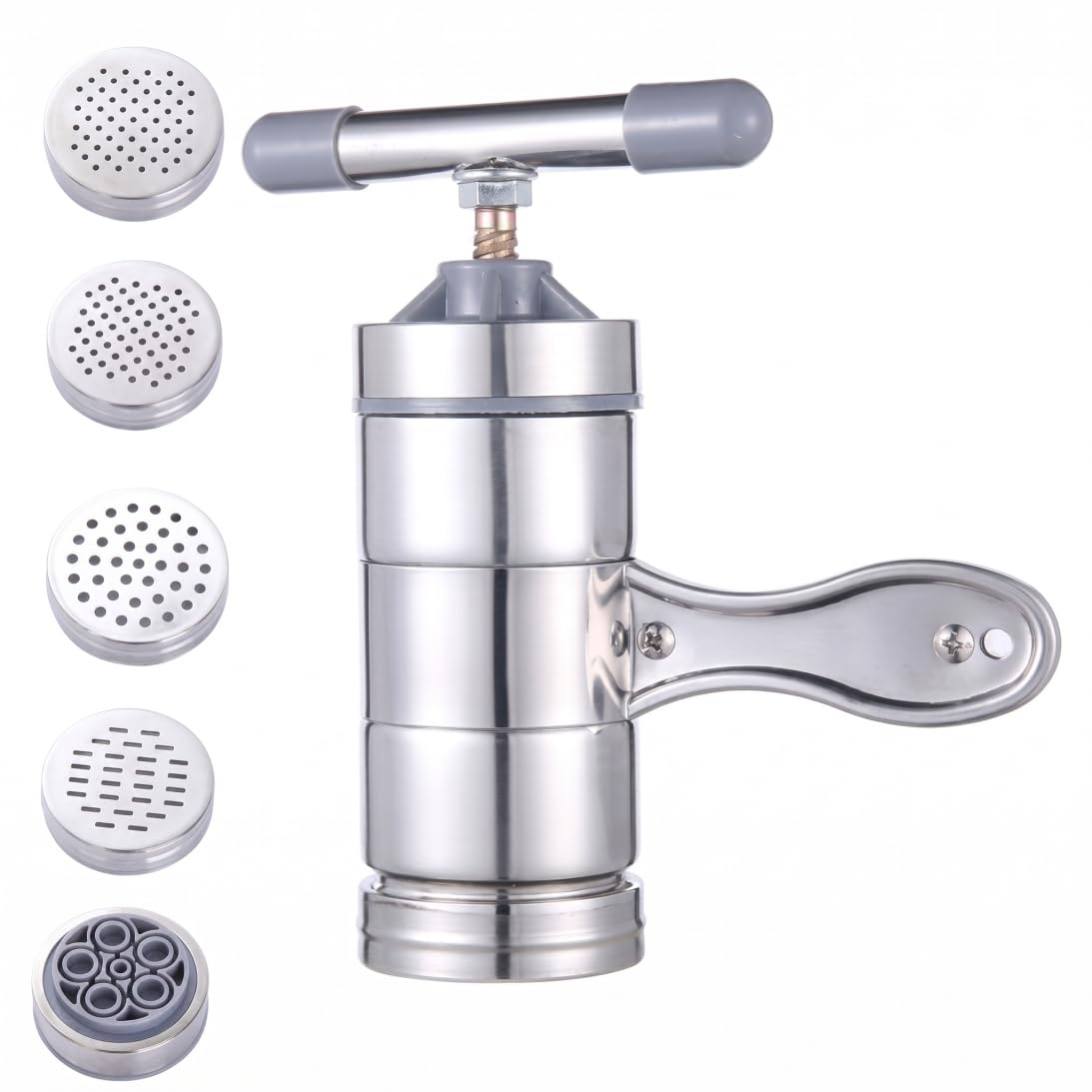 Elyebxj 5-in-1 Stainless Steel Manual Noodle Press & Pasta Extruder, Hand Crank Pasta Maker with 5 Interchangeable Molds, 7.28 Inch