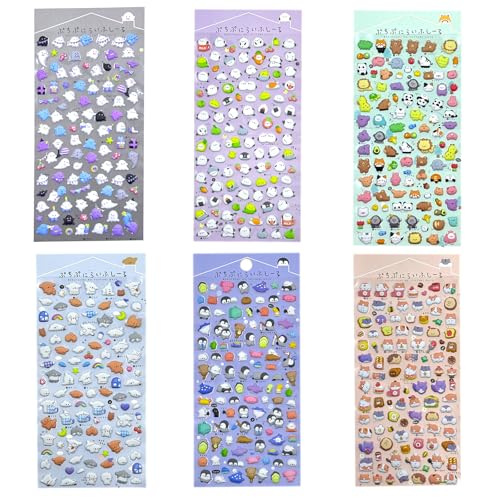 600 + bonitas mini calcomanías hinchadas, adecuadas para niños y adultos, mini calcomanías 3D para niños, calcomanías 3D que incluyen animales, gatos, pingüinos, frutas, pan, etc. 6 hojas