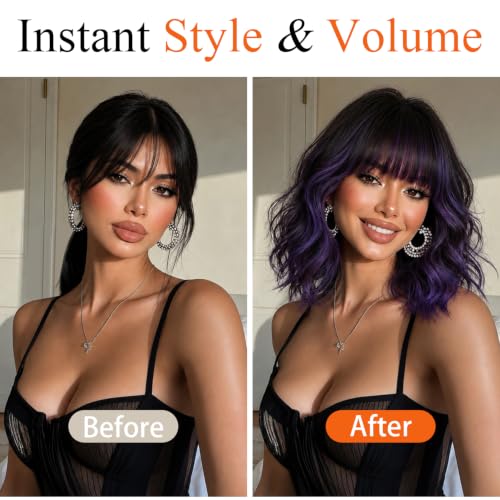 Image of Nnzes Short Wavy Bob Wig with Bangs for Women Shoulder Length Curly Dark Brown with Purple Synthetic Heat-Resistant Fiber Hair for Daily & Party Use