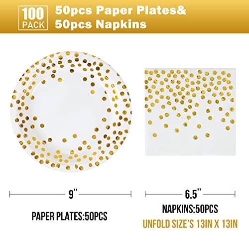 Disposable Paper Plates 100 Pack - White And Gold Paper Plates 50 X 9" & Gold Dot Napkins 50 X 6.5" , Paper Plates And Napkins Party Supplies For Weddings, Birthdays, Bridal Parties, All Occasions #TOP1