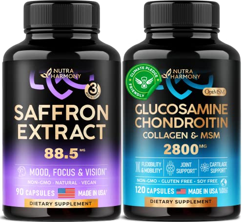 Glucosamine, Chondroitin & Collagen Capsules & Saffron Extract Capsules - Joint, Cartilage Support, Flexibility & Strength - Mood, Focus & Eye Vision Support 88.5 Mg Pure Saffron - Made In Usa #TOP6