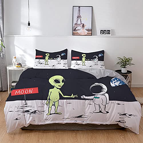 Funda Nordica Cama 105 Extraterrestres y Astronautas, Ropa de Cama de Microfibra Suave, Funda de Edredón 200x200 cm para Adultos y Niños con 2 Funda de Almohada