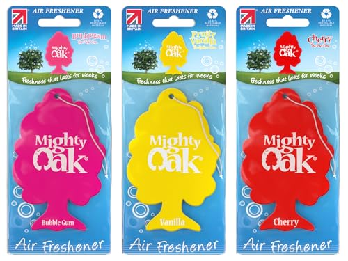 Mighty Oak Air Freshener – Mixed Fragrance 3 Pack (Cherry, Bubblegum & Vanilla) – Long Lasting Hanging Car Deodoriser – Odour Eliminator Air Freshener – UK Made Car Scent Fresheners – Auto Accessories