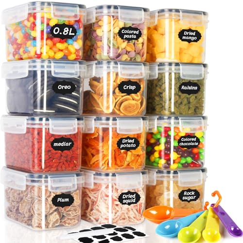 Cinnani 0.8L Boite de Rangement Cuisine Lot de 12, Sans BPA Bocaux Hermetiques Alimentaires en Plastique Scellée avec Couvercle, pour Stocker Les Cereales,...