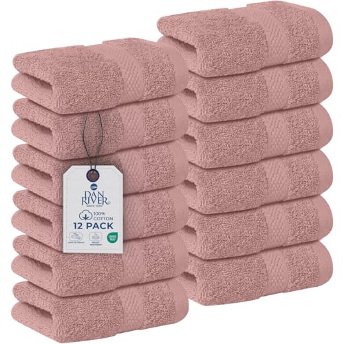 Image of DAN RIVER 12-Pack Premium 100% Cotton Dusty Rose Face Towels for Bathroom - Reusable Face Wash Cloths for Showering 12x12 Inches - 550 GSM Super Soft & Absorbent Luxury WashCloths for Body, Spa & Gym