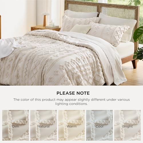 Image of Bedsure Tufted Boho Comforter Set Queen Size - Ivory Boho Bed Set, GentleSoft 3 Pieces Farmhouse-Style Embroidery Bedding, Gifts for Woman, Soft Jacquard Kids' Queen Comforter for All Seasons