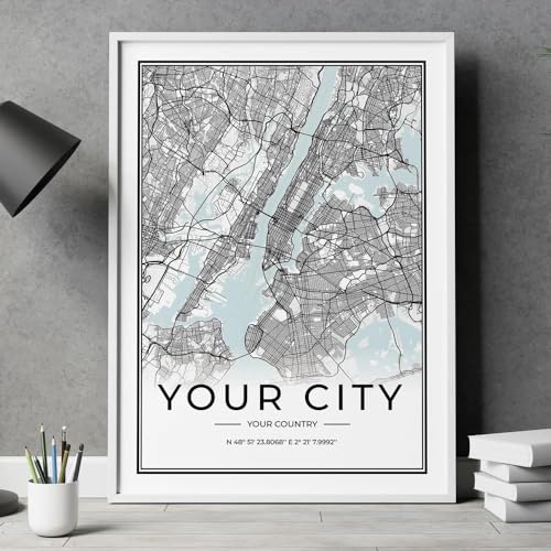 SHINERING Personalizado Negro Moderno Cualquier Mapa De Ciudad Arte De Pared Lienzo Póster Impresiones Pinturas Imagen Para La Decoración Del Hogar De La Sala De Estar A2 60X80Cm Sin Marco