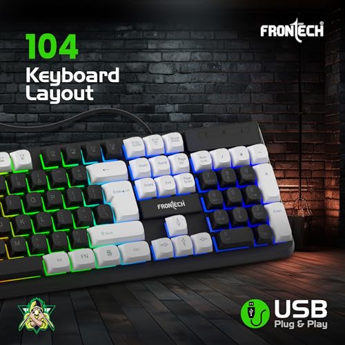 Image of Frontech Quantum Striker Gaming Combo | Rainbow Backlit Keyboard with Optical Mouse | 2400 DPI Adjustable | 4 Button Mouse | USB Plug & Play | 104 Keys | 1 Year Warranty (KB-0050BLK)