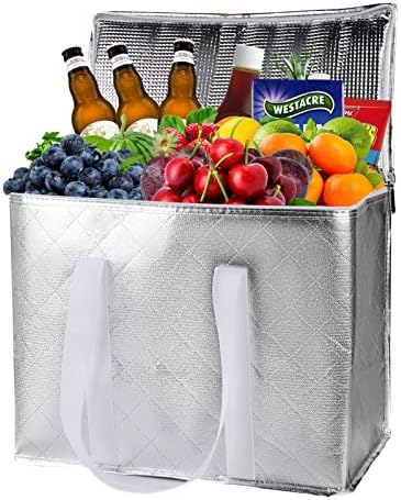 musbus 2-Pack Silver extra Insulated Grocery shopping bag, large Blue, reusable bags,Pizza,Sturdy zipper,Collapsible,tote,cooler,for transport women,for instacart,Durable