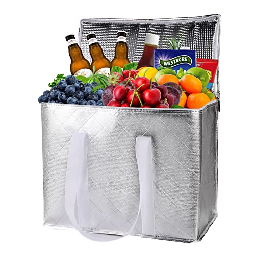 Musbus 2-Pack Silver Extra Insulated Grocery Shopping Bag, Large Blue, Reusable Bags,Pizza,Sturdy Zipper,Collapsible,Tote,Cooler,For Transport Women,For Instacart,Durable #TOP7