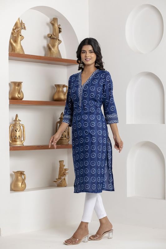 Image of Women Pure Cotton White and Blue Striped Printed Kurta