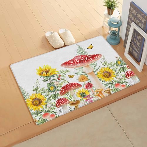 Red Mushroom Antifatigue Kitchen Bath Door Mat Cushioned Runner Rug,Washable Welcome Floor Sink Mat,Waterproof & Non-Slip Kitchen Standing Doormat,Sunflower Spring Summer Herbs Simple White 18