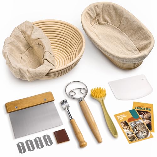 RORECAY Bread Banneton Proofing Basket Set, 9 Inch Round & 10 Inch Oval Cane Sourdough Baskets with Dough Whisk Lame Dough Scraper Bowl Scraper Silicone Brush Sourdough Bread Baking Supplies