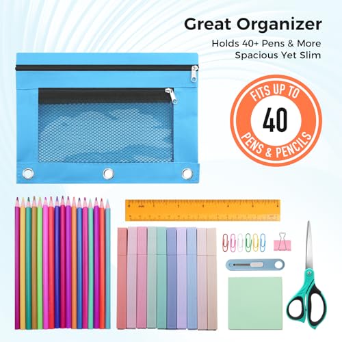 Image of Pencil Pouch for 3 Ring Binder - 3 Hole Zipper Pen Case Bag Holder Bulk Accessories Clear Window Aesthetic Organizer Pockets (Azure)