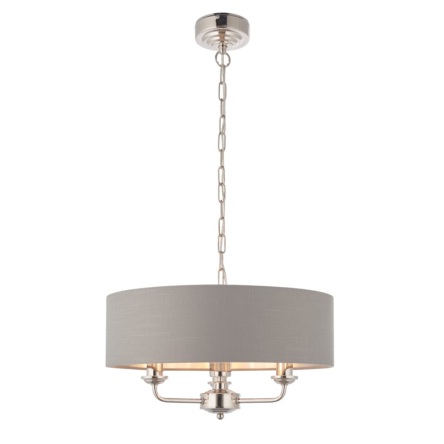CELESTE Decorative Pendant Ceiling Light - Bright Nickel 3 Way Multi Arm Pendant with Charcoal Coloured Fabric Shade - Height Adjustable Indoor Dimmable Light