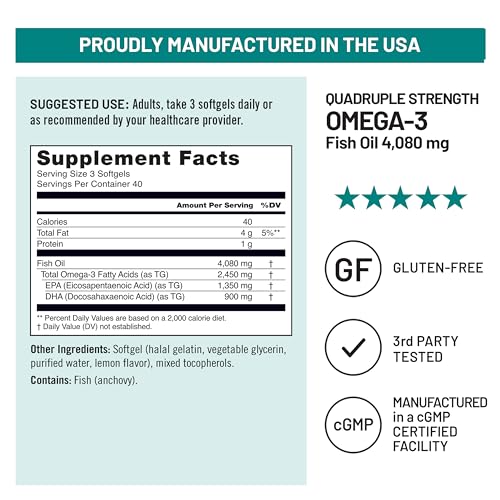 NatureWise Quadruple Strength Omega 3 Fish Oil 4080mg- Natural TG Form + Wild Caught - 2450mg Omega 3 + 1350mg EPA 900mg DHA - Burpless - Non-GMO & USA Manufactured - 120 Softgels[40 Day Supply] - image 8
