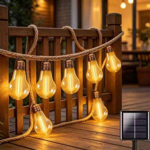 Solar String Lights Outdoor, 15.7FT Vintage Hemp Rope Patio Lights with 10 Shatterproof Bulbs, IP...