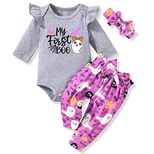 HINTINA Infant Baby Girl My First Boo Halloween Outfits Pumpkin Ghost Bodysuit Clothes Set 3-6 Months