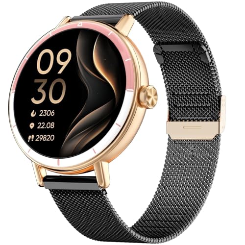 TOOBUR Smartwatch voor dames met metalen vlechtwerk, sporthorloge, hardlopen/stappenteller, compatibel met Android/iOS, oproepen aannemen/beheren, IP68 waterdicht, zwart, goud