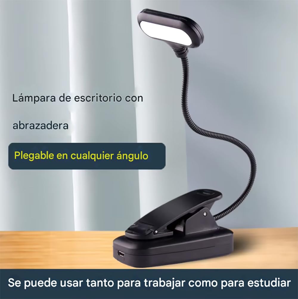 Luz lectura de libro con pinza de 5 leds, cuello flexible ajustable 360º, 3 pilas AAA NO incluidas, Lámpara portátil noche cama escritorio infantil estudiar (3 Pilas AAA NO incluidas)