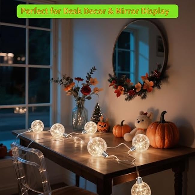Globe String Lights, 10.3FT LED String Lights Indoor, Waterproof Decorative Christmas Lights, 9 Pack G100 Ball Bulbs, Built-in 15 LEDs, Warm White Plug-in Fairy Lights for Patio, Bedroom, Halloween