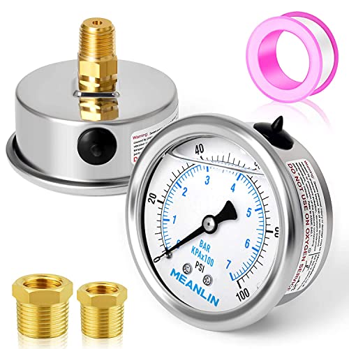 Image of MEANLIN MEASURE 0~100Psi Stainless Steel 1 /4 inch NPT 2.5 inch FACE DIAL Liquid Filled Pressure Gauge WOG Water Oil Gas Center Back Mount
