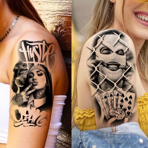 Image of 17 Sheets Robber Gangster Temporary Tattoos For Men Women Adults Chicano Tattoo Sticker, Realistic Our Lady Of Guadalupe Fake Tattoos Cholo Chola Body Art Forearm Half Arm Sleeve Tattoos Jesus Clown