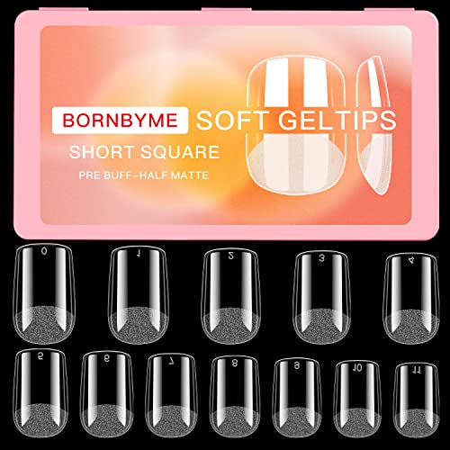 Short Square Soft Gel Nail Tips, Bornbyme 600 Pcs Pre Buff Full Cover Shaped Nail Extenison Tips Half Matte Gel X Nail Tips Acrylic False Nail Tips #TOP6