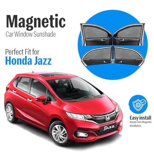 Image of Autofact Magnetic Car Sunshades Compatible with Honda Jazz (2015 to 2024) (Set of 4) - Easy Installation, UV Protection, Keeps Car Cool (Front 2 with Zippers for Easy Access, Rear 2 Without Zippers)