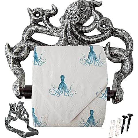Decorative Cast Iron Octopus Toilet Paper Roll Holder - Wall Mounted Octopus Décor for Bathroom - Kraken, Nautical Bathroom Accessories - Easy to Install w/ included Screws and Anchors - Silve & Black Cover