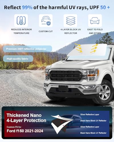 Image of Custom Fit Windshield Sun Shade for Ford F150 2021-2026 | Blocks UV Rays and Sun Heat, Helps Reduce Interior Temperature, Protects Dashboard from Fading, Folds Easily for Storage