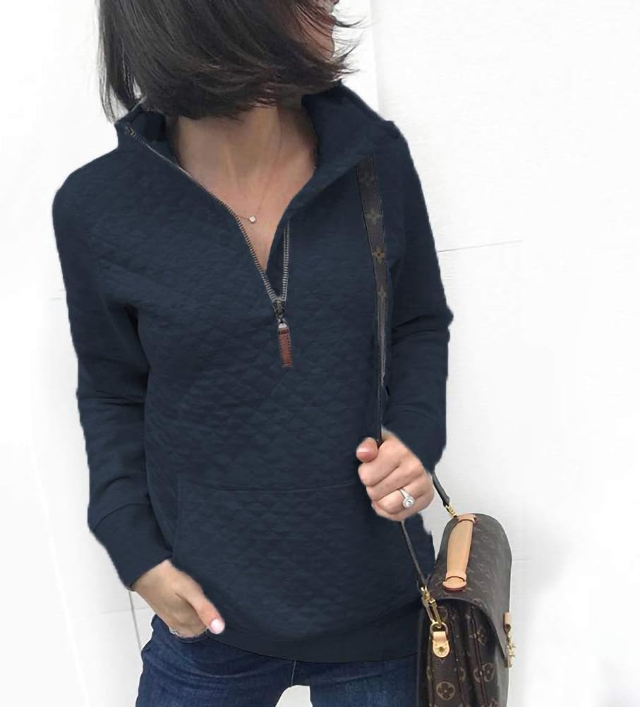 Barlver Womens Fashion Quarter Zip Stand Collar Sweatshirts Long Sleeve Plain Casual Ladies Pullovers Shirts Tops - Image 2