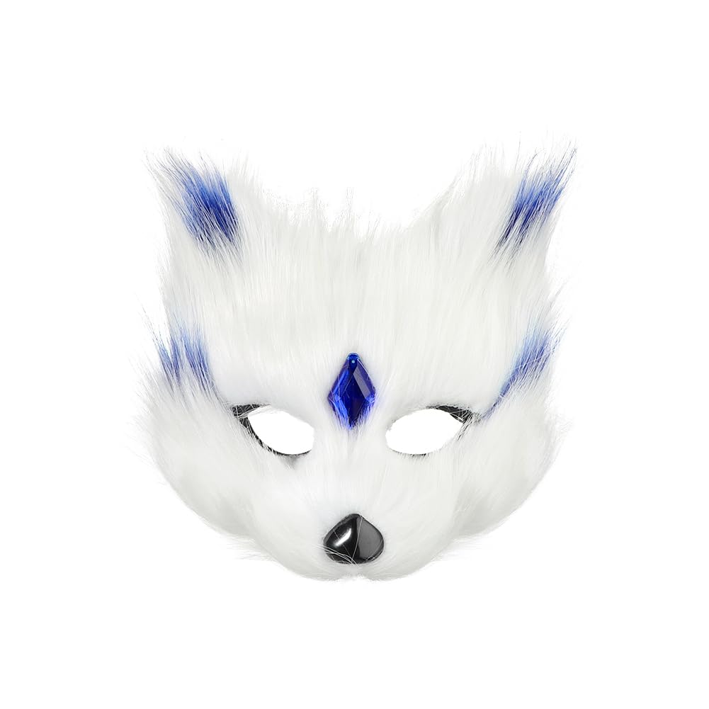 Halloween Furry Fox Mask Fancy Dress Half Face Cat Mask with Rhinestone Cosplay Costume Accessory Animal Theme Party Eyewear Medieval Carnival Makeup Dress Up Face Props for Masquerade Rave Easter