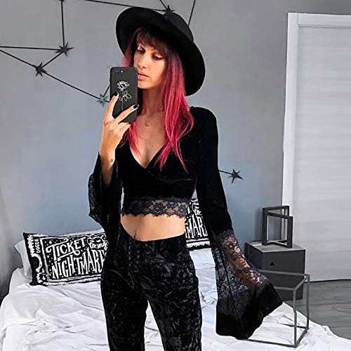 Women's Sexy Vintage Gothic Lace Flare Sleeve T Shirt Tops Hollow Out Retro Crop Tops for Halloween Party Festival - Image 3