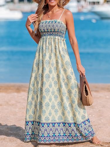 Image of CUPSHE Women Spaghetti Straps Boho Maxi Dress Summer Sleeveless Smocked Floral Beach Long Dress Flowy Cruise Vacation Outfits
