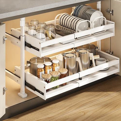 シンク下 収納 引き出し シンク下ラック キッチン収納 伸縮 2段 シンクした収納シンク下伸縮棚 キッチン 収納 棚 洗面台下 収納ラック 伸縮式収納バスケット 高さと幅を調整可能 省スペース (white, M)