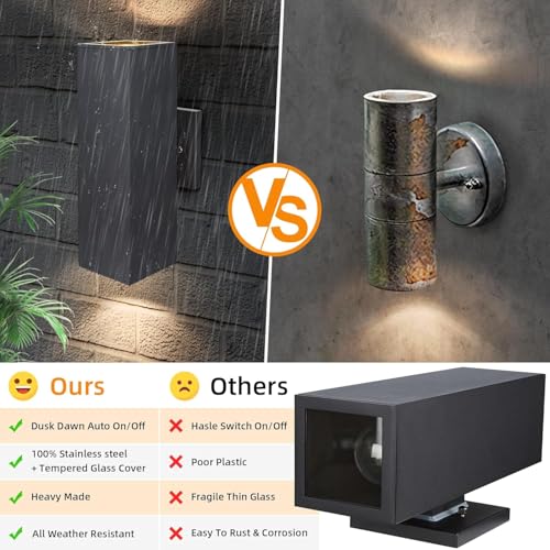 Image of Dusk to Dawn Outdoor Wall Lights, Aluminum Classic Outdoor Wall Sconce, Anti-Rust Waterproof Square Cylinder Wall Lantern Exterior Up Down Light Fixtures Matte Black [UL Listed] 2Pack