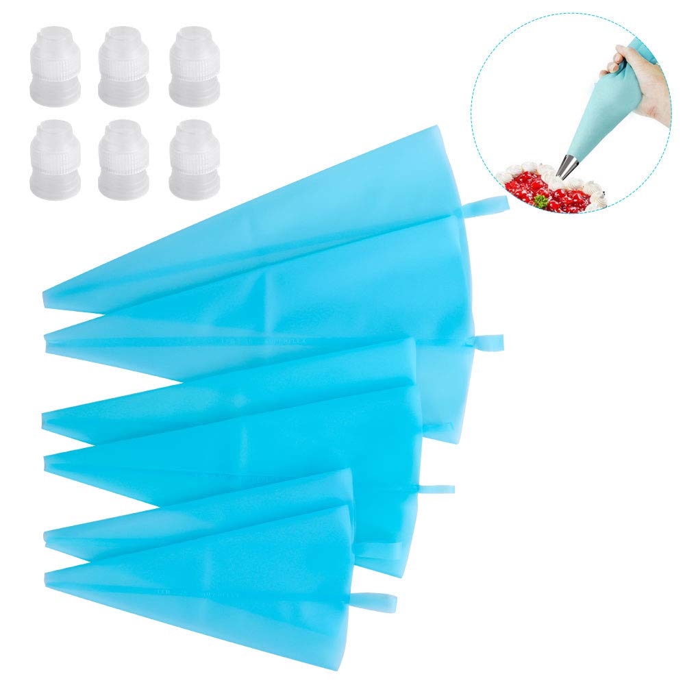 Lashary Piping Bags, Reusable Icing Bags Silicone Icing Piping Bags Baking Cookie Cake Decorating Kit, Pastry Bags with 6 Standard Couplers for Cupcake Cookies, 6 Pcs/3 Size(10''+12''+14'', Blue)