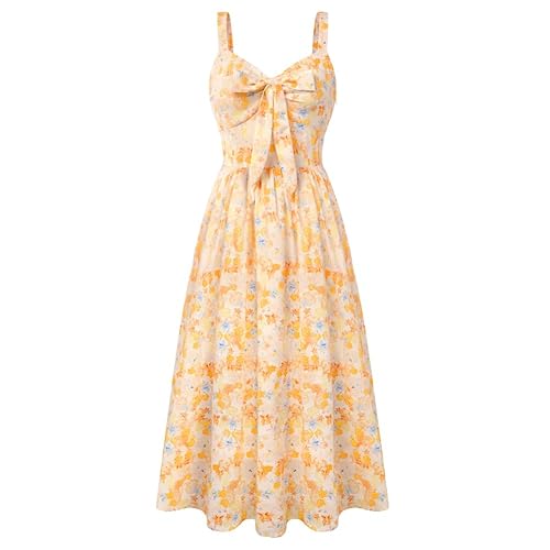 Belle Poque Womens Floral Summer Dresses Tie Front Sweetheart Neckline Cottagecore Dress Wedding Guest Dress with Pocket - Yellow Floral - X-Large
