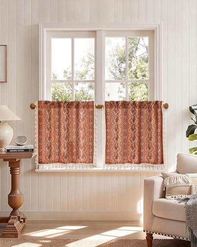 Image of Miss Adola Boho Kitchen Curtains - 24 Inch Length Linen Blend Floral Burnt Orange Cafe Curtains Tassels Tier Curtain Short Drapes Rod Pocket for Bathroom Living Room Windows Light Filtering, 2 Panels